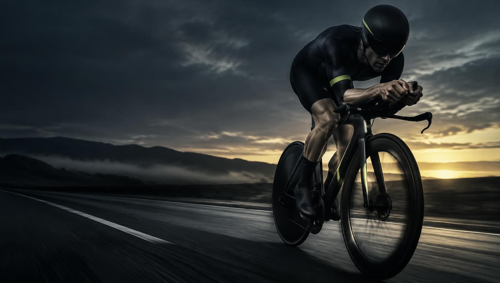 Triatleta pedaleando al amanecer