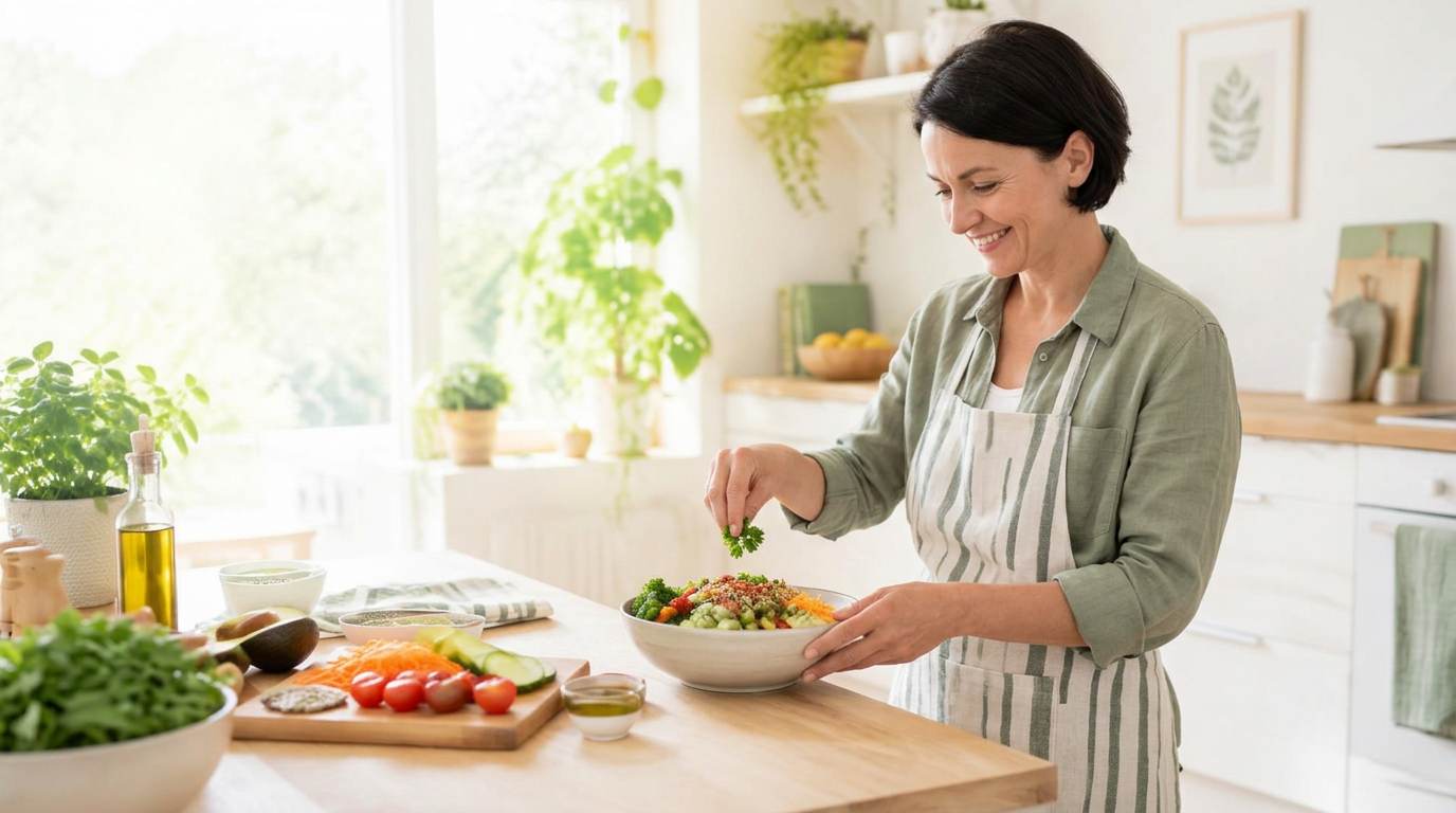 Mulher preparando uma salada na cozinha