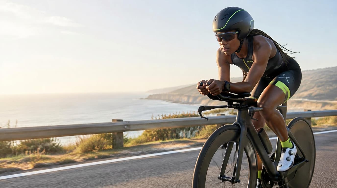 Triatleta con casco pedaleando junto al mar